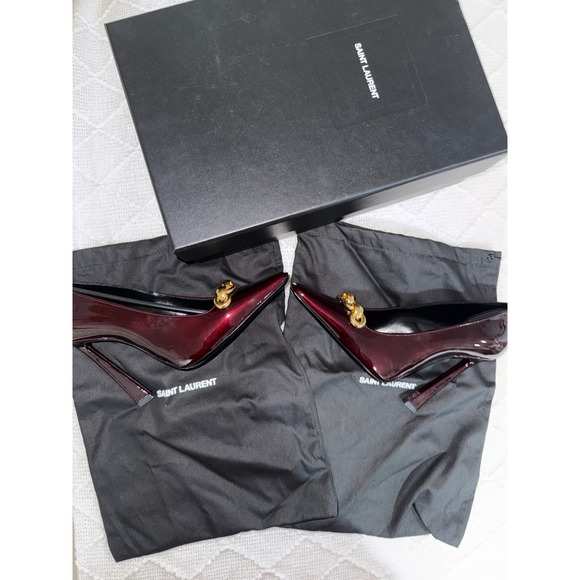Luxury Saint Laurent Burgundy Patent Pumps - Gold Chain Accent Size 6.5 - Picture 10 of 12